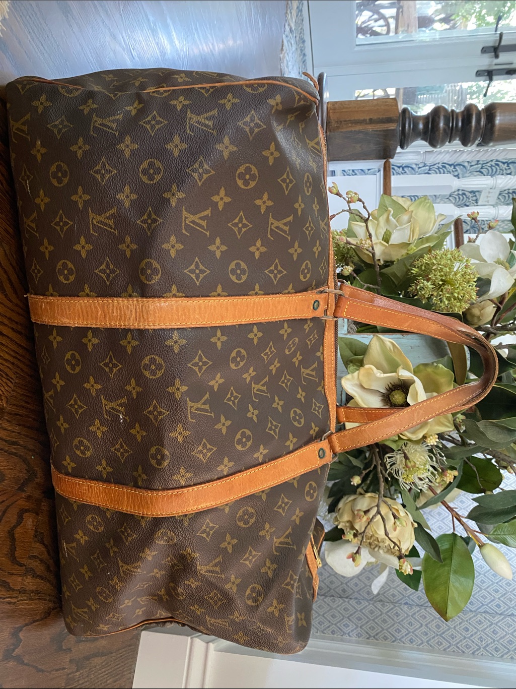 Vintage Louis Vuitton Monogram Keepall Canvas Duffel Bag With Tan Leather Trim